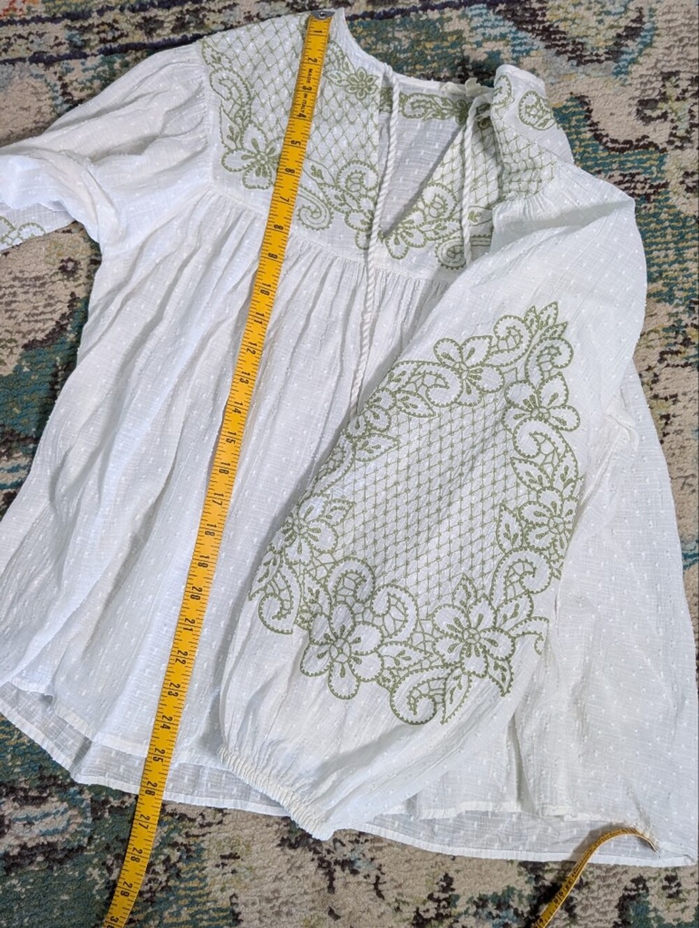 Embroidered White Peasant Blouse with Green Accents - Picture 7 of 10